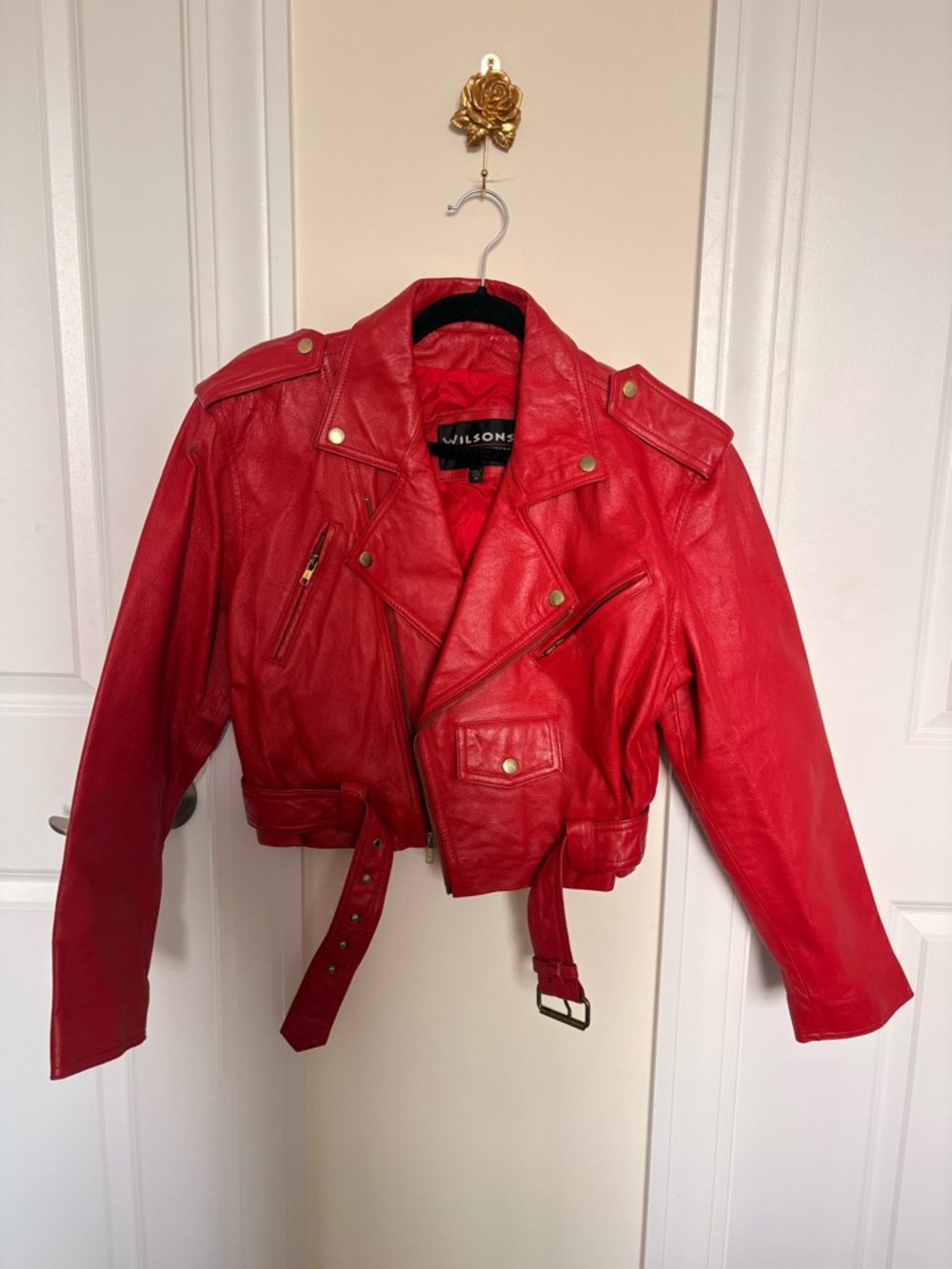 Wilson Red Cropped Leather Biker Jacket